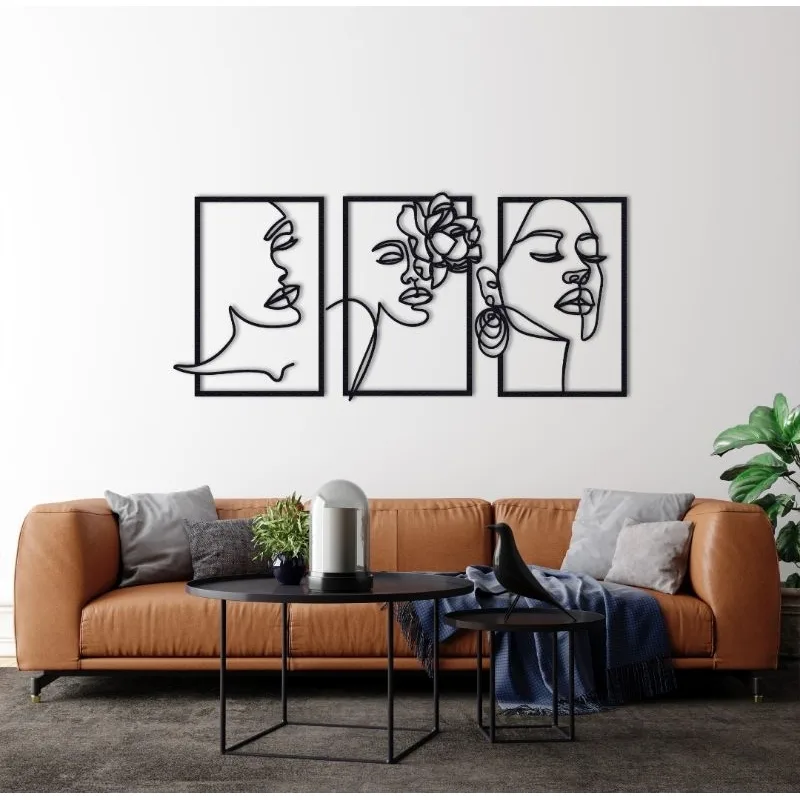 3 Quadros Decorativos Minimalista 3 Peças Arte Linha Rosto Feminino em MDF