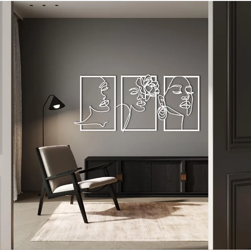 3 Quadros Decorativos Minimalista 3 Peças Arte Linha Rosto Feminino em MDF