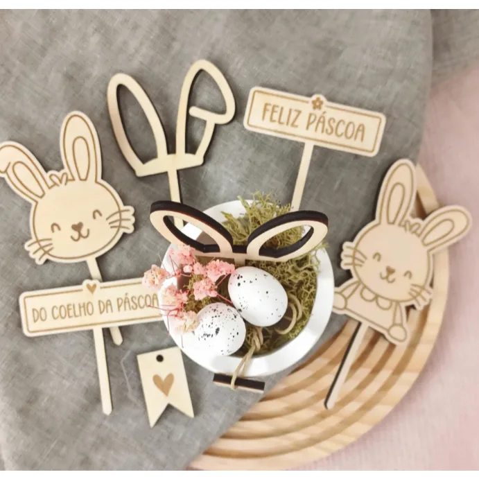 Kit Decoração de Páscoa MDF 3mm - Coelhinhos e Placas Personalizadas 8 Unidades